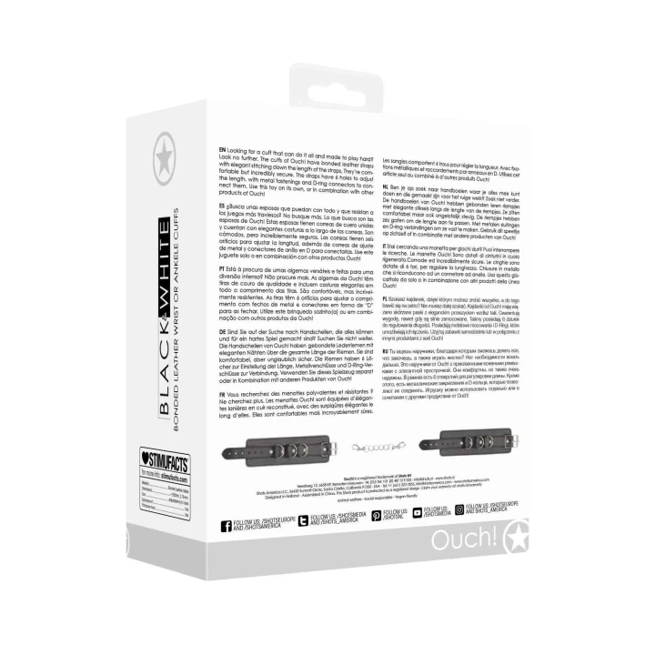 Kajdanki skórzane Ouch! z regulowanymi paskami i metalowymi D-Ringami