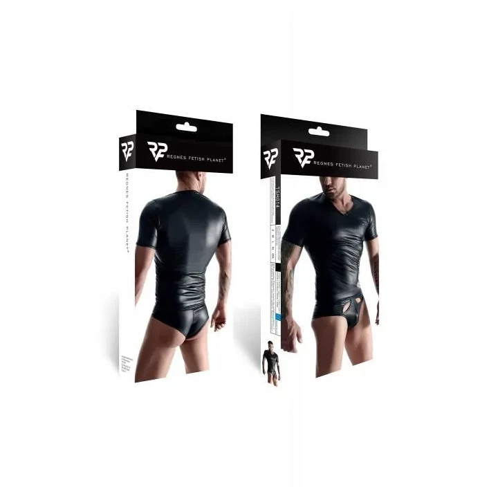 T-shirt wetlook REGNES FETISH PLANET, elastyczny, klasyczny serek, wzmacniające przeszycia