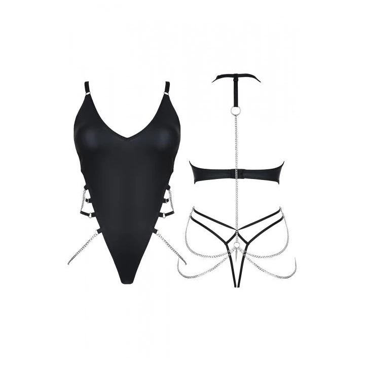 Body DEMONIQ Kolekcja Dark+Desire BLACK, ekoskóra, dekolt trójkątny, srebrne łańcuszki