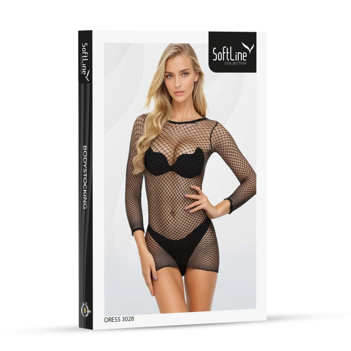 Sukienka mini SOFTLINE COLLECTION, czarna, długi rękaw, dopasowany krój, siateczka