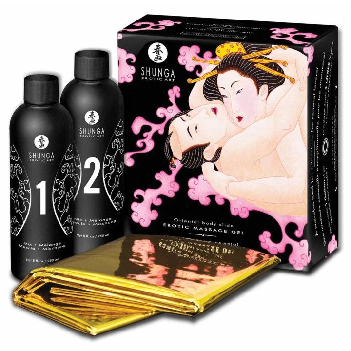Żel do masażu - Shunga Oriental Body Slide, Zestaw z 2 butelkami, Aromat Truskawki i Wina
