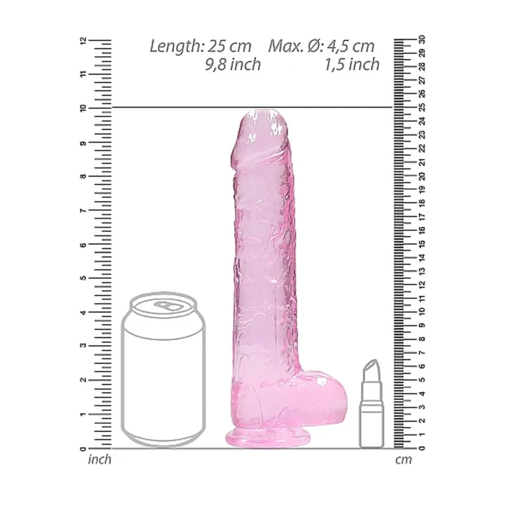 Dildo REALROCK CRYSTAL CLEAR 23 cm, realistyczne jądra, przyssawka, wodoodporny
