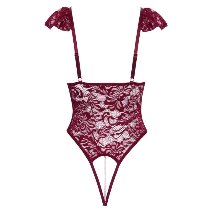 Body String XL - COTTELLI LINGERIE, koronkowe, regulowane ramiączka, bordowe perełki
