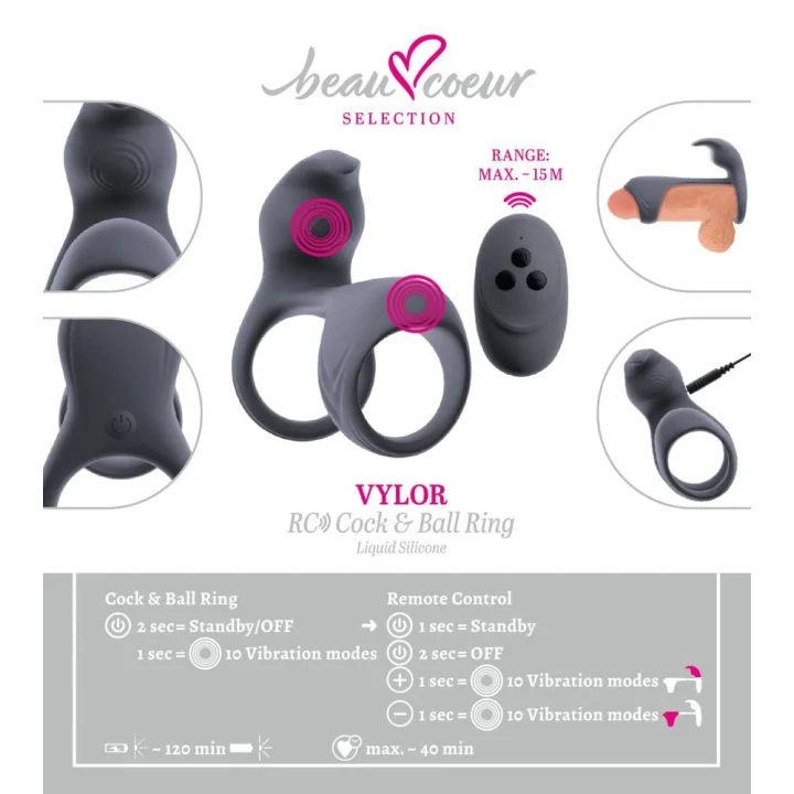 Stymulator łechtaczki beau coeur Vylor z pilotem, 10 trybów, rozciągliwy maks. 13,5 cm
