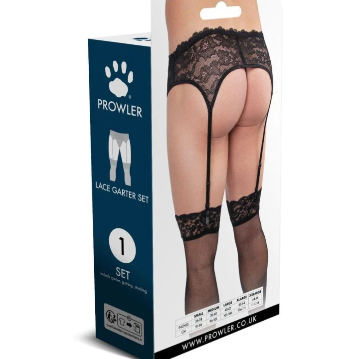 Komplet koronkowy z pasem do pończoch Prowler, Xlarge, regulowane paski, zmysłowy design