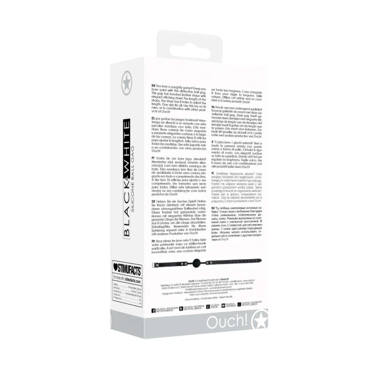 Knebel typu ball gag Ouch! – silikonowy, z regulowanymi skórzanymi paskami, wodoodporny