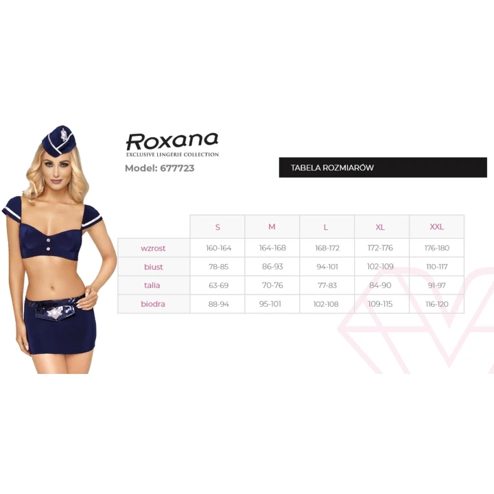 Kostium stewardessy ROXANA, model 6777, XXL, granatowy, z furażerką i srebrnymi dodatkami