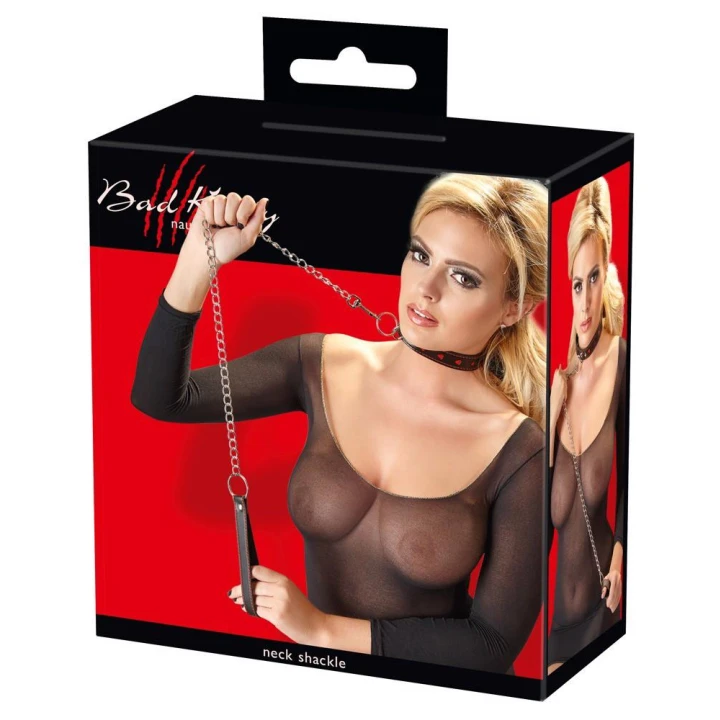 Smycz i obroża Bad Kitty, skórzana, regulowana 35-48 cm, z łańcuszkiem i metalowymi elementami