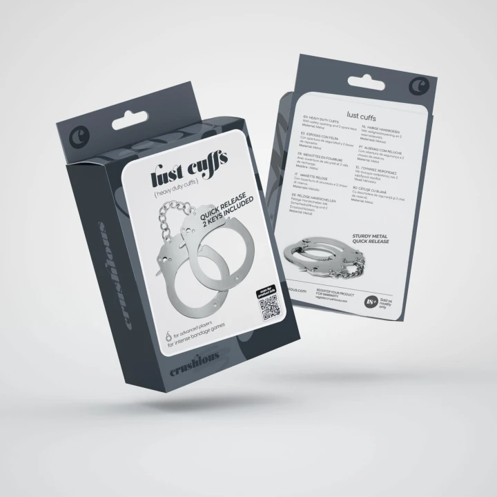 Kajdanki metalowe Crushious Lust z regulacją, bezpiecznym otwarciem i 2 kluczykami
