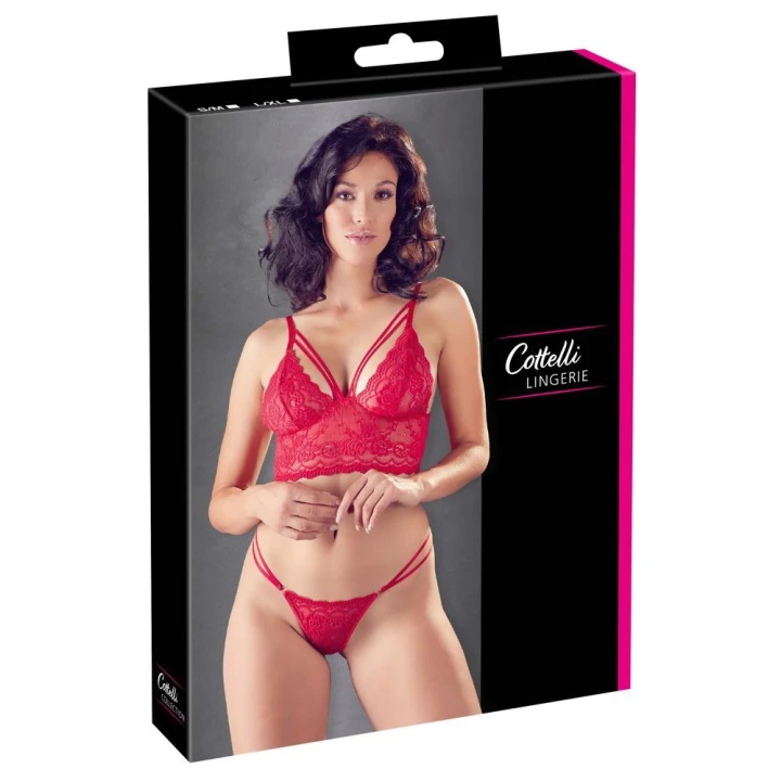 Biustonosz COTTELLI LINGERIE i stringi czerwone L/XL, koronkowe wykończenie, regulowane ramiączka