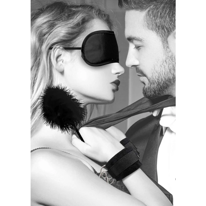 Zestaw do zabawy BDSM #2 - Aksamitne kajdanki, satynowa maska, kostka do gry, piórko