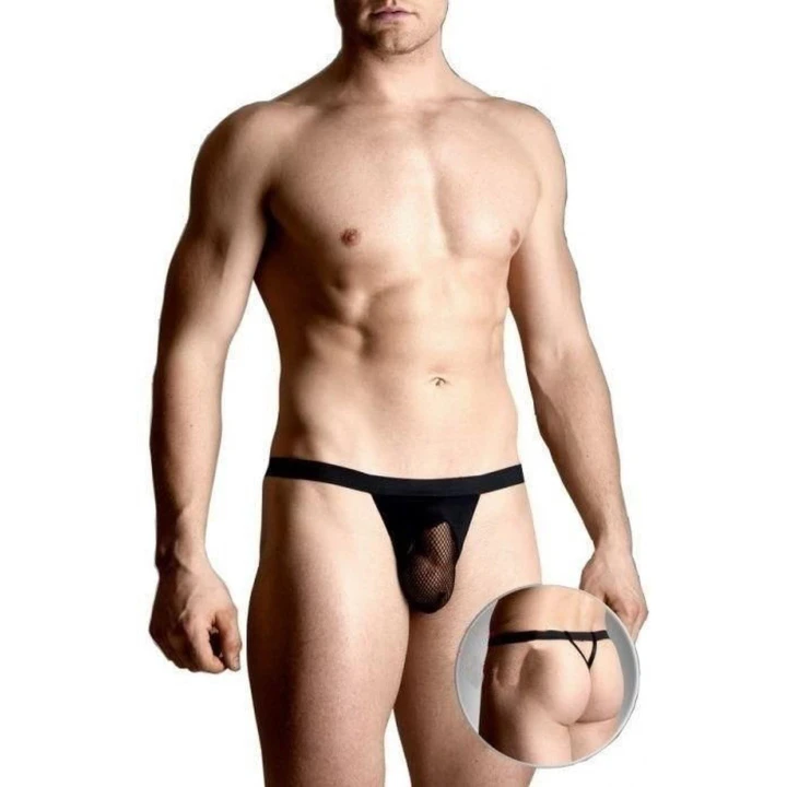 Stringi męskie z siatką - 4494 - czarne XL, elastyczna guma, regulowane paski