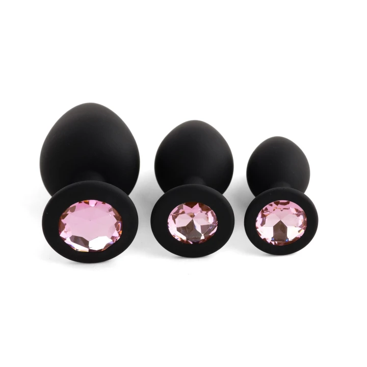 Korek analny – Zestaw Jewellery Silicone PLUG Black, silikon, 3 rozmiary, kryształ rose