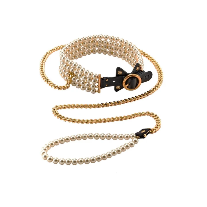 Smycz i obroża dla psa GUILTY PLEASURE, wegańska skóra, perły, regulowana, luksusowa