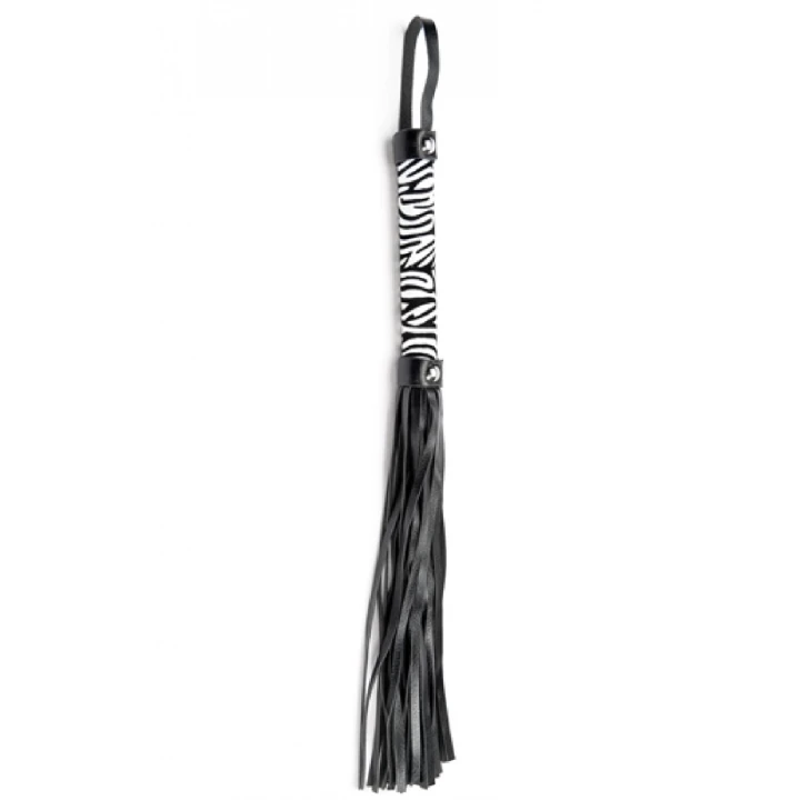 Flogger skórzany PU, biały leopard, mocny uchwyt, długość 45 cm, pierścień 6 cm