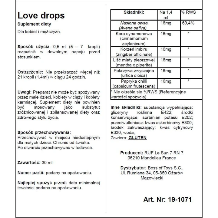 Afrodyzjak w kroplach - LOVE DROPS 20 ML, Pobudza zmysły, Intensyfikacja przyjemności