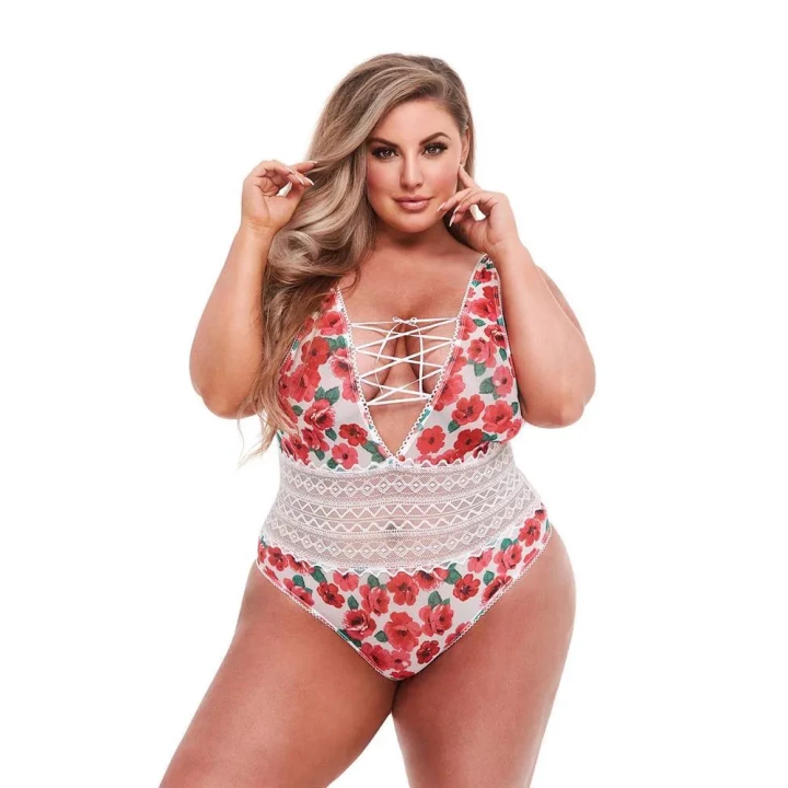 Teddy z koronką Baci, XL, 90% poliester, 10% spandex, z czerwonymi kwiatami, semi-przezroczysty