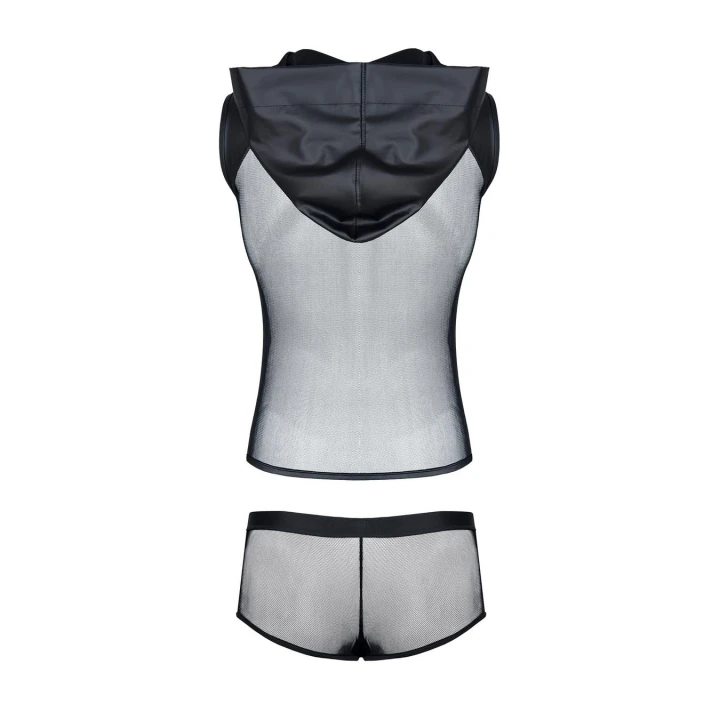 Męski komplet siatkowy REGNES FETISH PLANET: t-shirt z kapturem, szorty XXL, ekoskóra