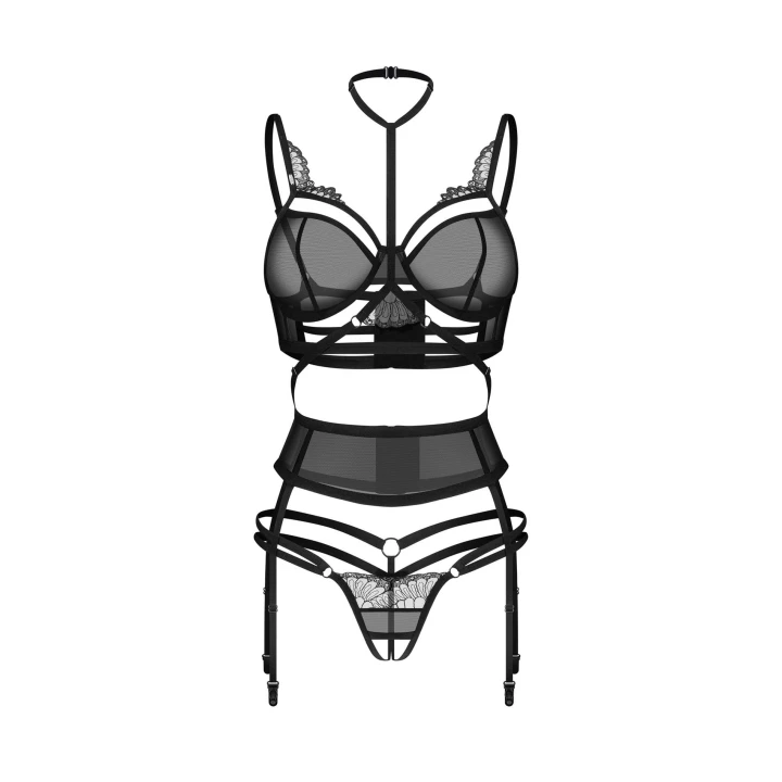 Bielizna otwarta OBSESSIVE Premisis Black - 3-częściowy zestaw, fiszbiny, koronkowy choker L/XL