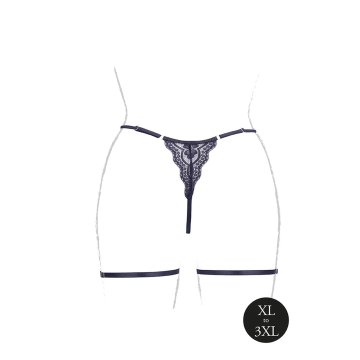 Stringi koronkowe z pasem do pończoch Marie - Plus Size, Regulowane zameczki, Złote detale