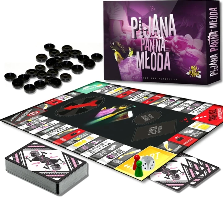Gra planszowa Pijana Panna Młoda – Duża plansza, 60 kart z zadaniami, ruletka, 36 monet