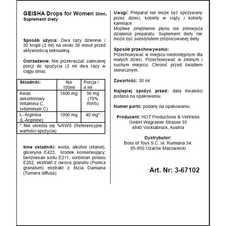 Krople afrodyzjaku - Shiatsu GEISHA, zwiększający popęd seksualny, 30ml