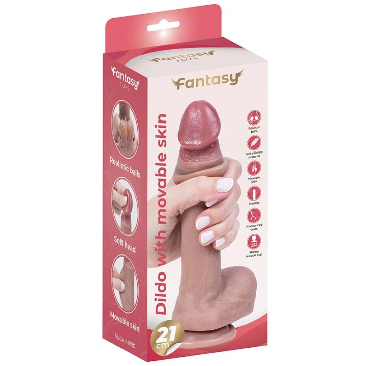 Dildo silikonowe RealFeel z ruchomą skórką, realistyczne jądra, przyssawka 21 cm
