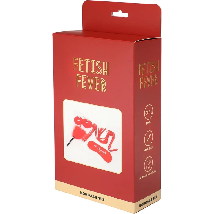Zestaw do bondage Fetish Fever - 5 elementów, czerwony, w tym mankiety i maska
