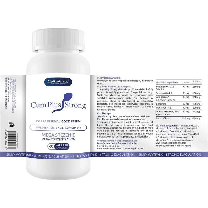 Suplement diety Cum Plus Strong - 60 kapsułek, poprawa wzwodu, smak nasienia