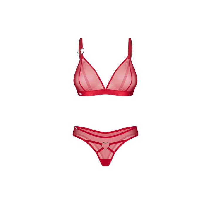 Bielizna DEMONIQ — czerwony komplet, siateczka transparentna, serduszka, regulowane ramiączka