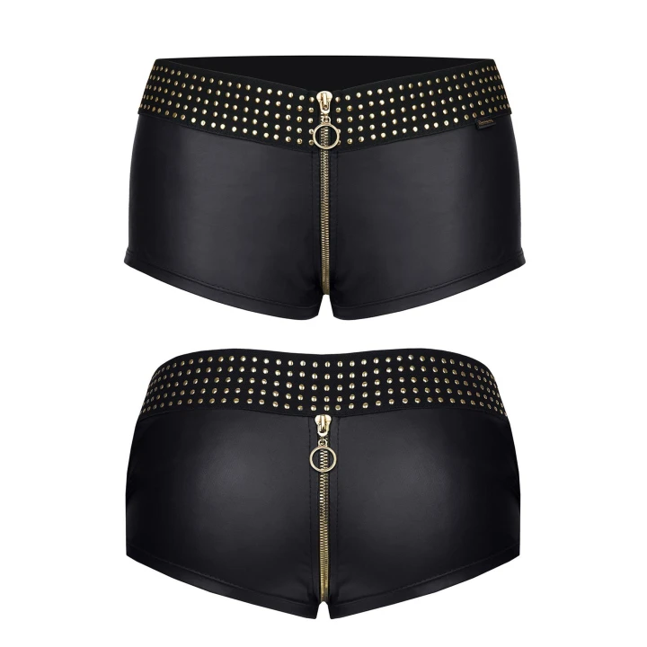 Szorty wetlook DEMONIQ Kolekcja Cash Baby, czarne, z luksusowym złotym zamkiem, S