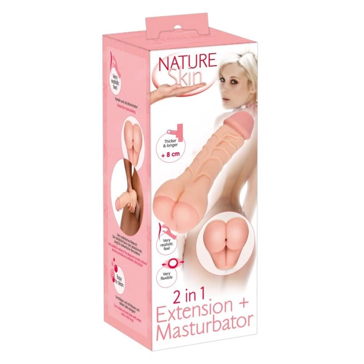 Masturbator i przedłużacz Nature Skin, elastyczny TPE, długość 21 cm, średnica 4,2-5 cm
