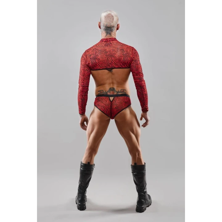 Majtki brazyliany REGNES FETISH PLANET, czarno-czerwony wzór zebry, elastyczny tiul