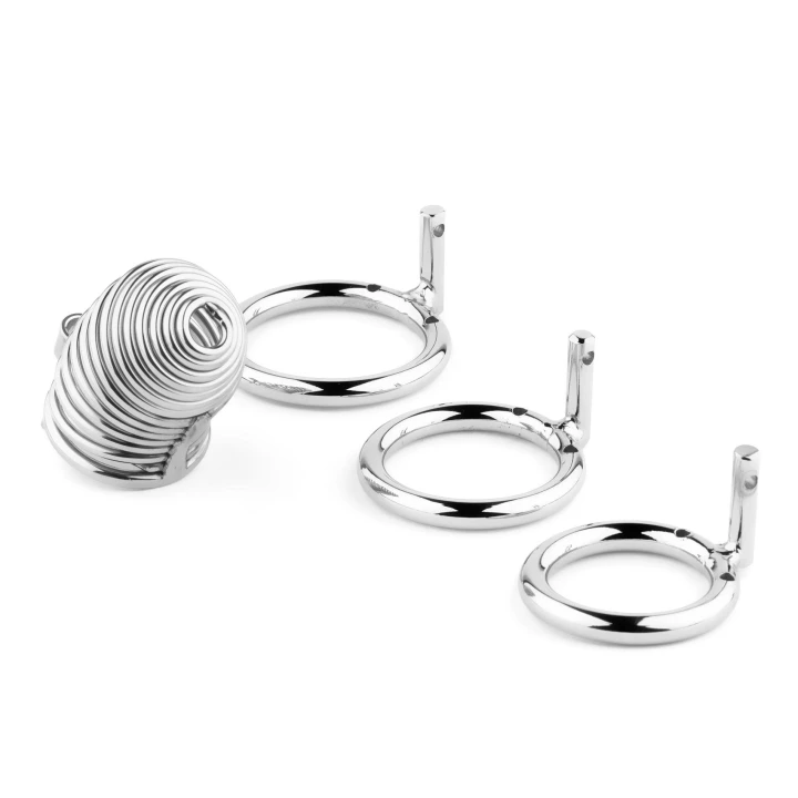 Klatka na penisa Metal Series - stal nierdzewna, spiralna konstrukcja, 3 rozmiary pierścieni