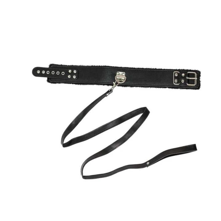 Obroża BDSM Circus - regulowana, czarna, PVC, z metalową smyczą 115 cm