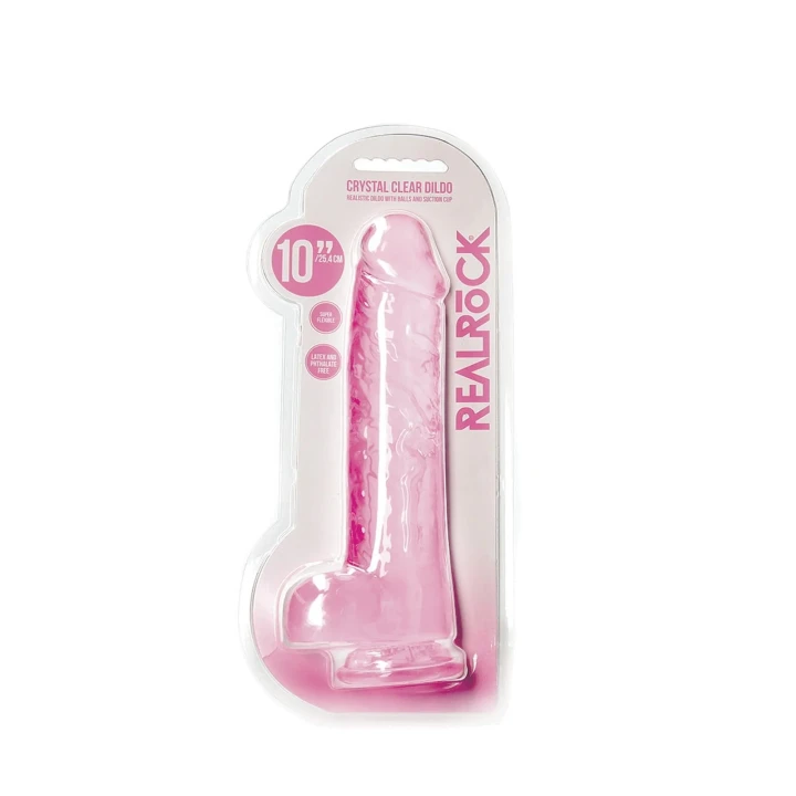 Dildo REALROCK CRYSTAL CLEAR 10"/25,4 cm, realistyczne jądra, wodoodporne, TPE