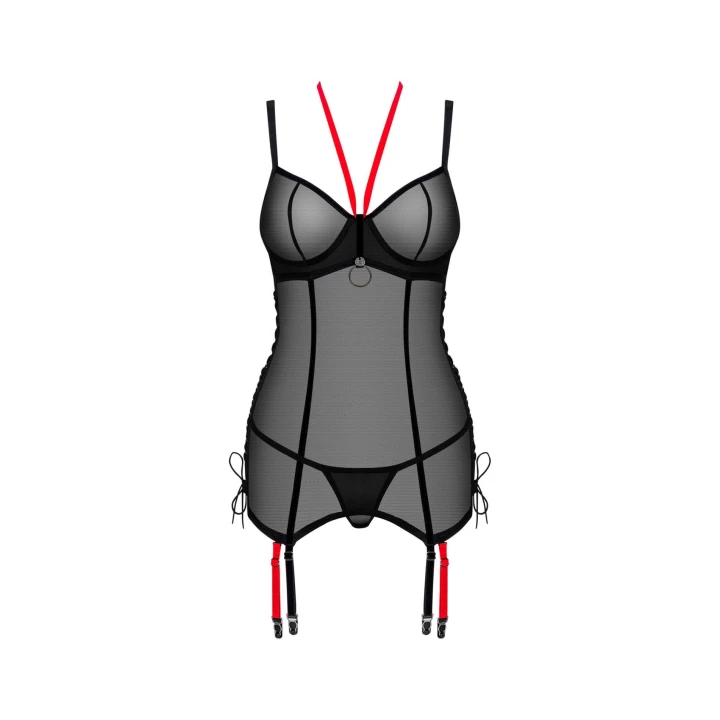 Gorset i stringi OBSESSIVE, czarny aksamitem, regulowane ramiączka, czerwone akcenty