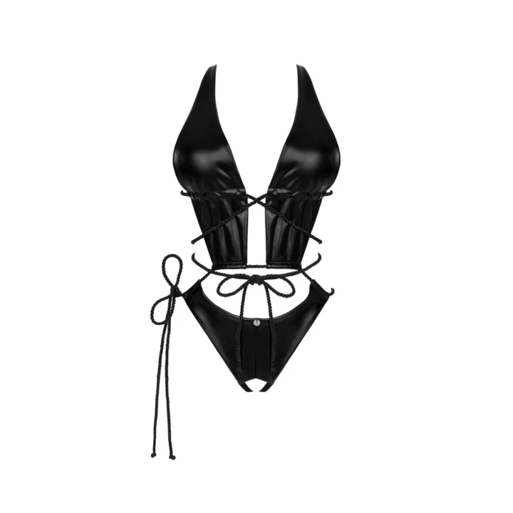 Body otwarte OBSESSIVE z materiału wet look, zmysłowe wiązania, efektowna zawieszka