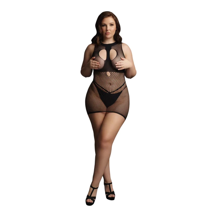 Sukienka mini LE DESIRE z siateczki Fence Net, Plus Size, dekolt z chokerem, elastan