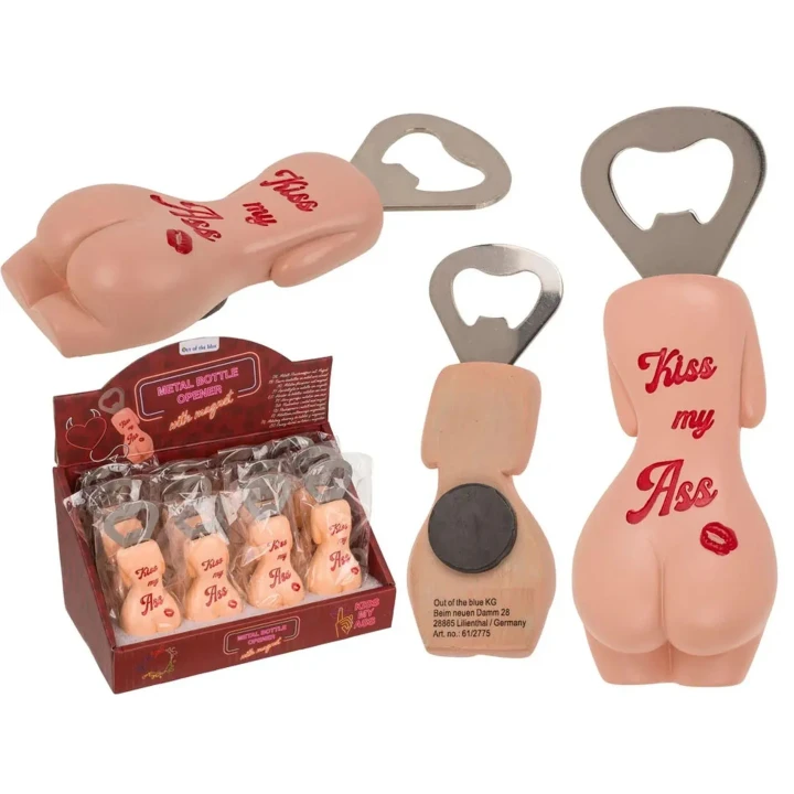 Otwieracz do Butelek Metalowy z Magnesem - Kolekcja Kiss My Ass, Wygodny i Zabawny