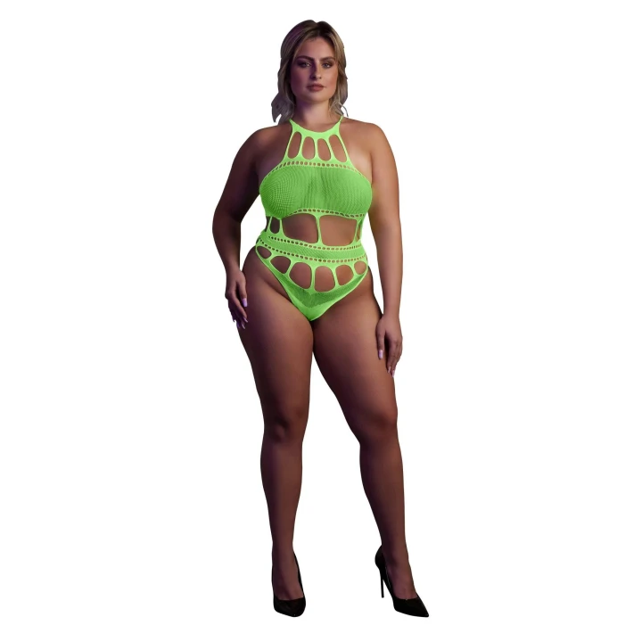 Body z Greckim Dekoltem OUCH! – Neonowa Zieleń, UV-reaktywna, XL/XXXXL, Elastyczny Nylon