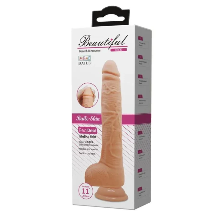 Dildo BAILE BW-008038NR, 11'' z przyssawką, TPR, wodoodporny, cielisty