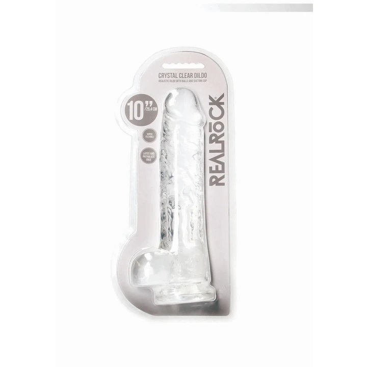Dildo REALROCK CRYSTAL CLEAR - 10"/25,4 cm, z jądrami, wodoodporne, bez ftalanów