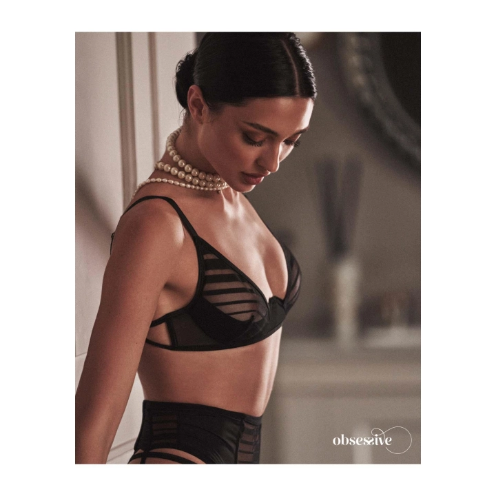 Bielizna OBSESSIVE — komplet 3‑cz. transparentny, paski, otwarty (XS/S)