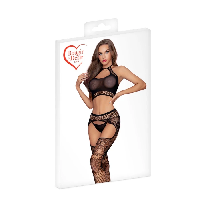 Zestaw erotyczny: Otwarty top i kabaretki ROUGE DE DÉSIR, rozmiar uniwersalny, elastyczny materiał