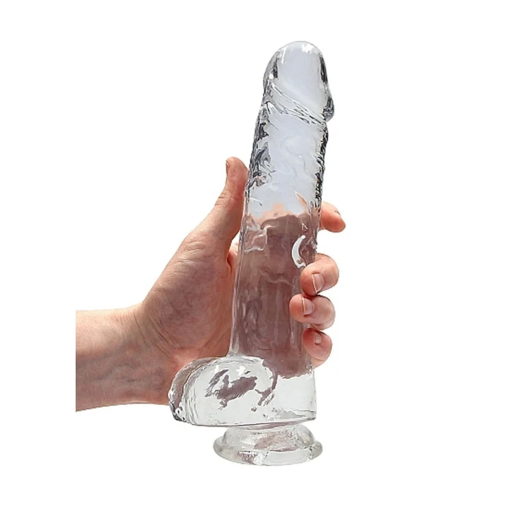 Dildo REALROCK Crystal Clear 23 cm, realistyczne jądra, mocna przyssawka, wodoodporne