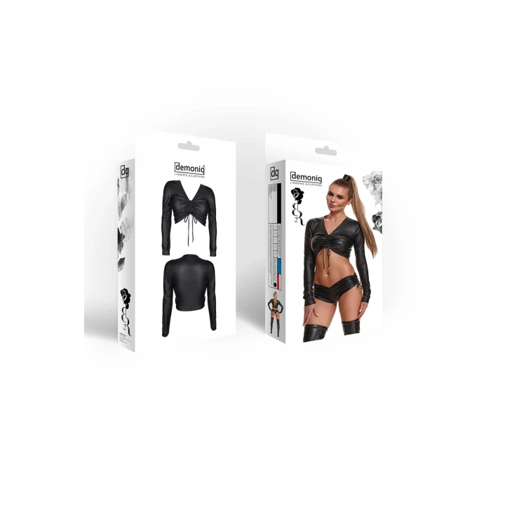 Top damski z ekoskóry ADRIANA001, długi rękaw, regulowany dekolt, w kolorze czarnym