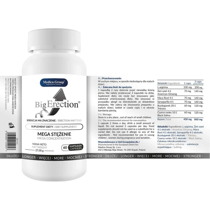 Suplement diety BigErection - 60 kapsułek, zwiększa erekcję, energię seksualną, kontrola wytrysku