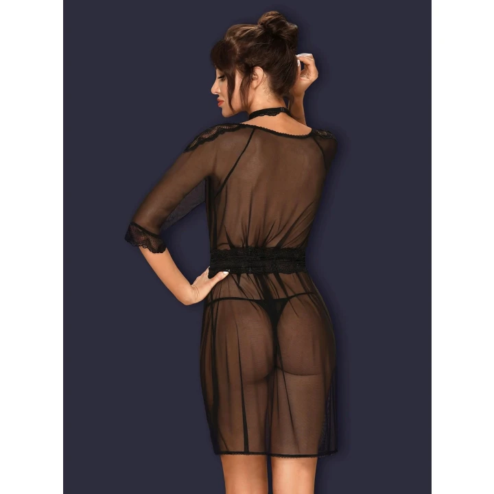 Peniuar OBSESSIVE Lucita S/M, koronkowy choker, elegancki pas z wiązaniem