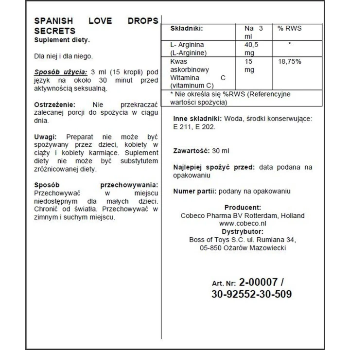 Suplement diety - Hiszpańskie Krople Miłości, Intensywna Formuła, Wzmacniający Popęd